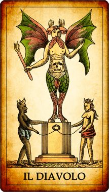 a tarot card with an image of a demon on it and two men holding swords