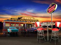 an image of a diner with cars parked in the parking lot at sunset or dawn