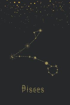 the zodiac sign pisces on a black background with gold stars and sparkles