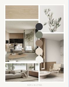 a collage of photos with different furniture and decor items in neutral tones, including an olive tree