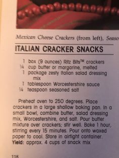 the recipe for italian cracker snacks is shown in an open book with instructions on how to make them