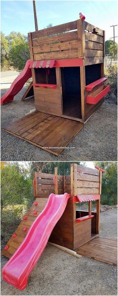 a wooden structure with a pink slide in the middle and two pictures of it on top