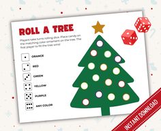 Get ready for a jolly good time with the Christmas Roll a Tree Game! This fun and festive kids' Christmas game is perfect for holiday parties, classroom activities, or family game night.  Here's how to play: Roll the dice and match the color you roll to your tree ornament. The first person to complete their tree wins! Enjoy the game and have a fantastic Christmas! WHATS INCLUDED - A PDF with two roll a tree game versions,  one for S candies and one for M chocolates to match the colors of the can Christmas Games For Families, Games For Kids Christmas, Kids Christmas Games, Games For Families, Printable Christmas Games, Christmas Games For Kids, Christmas Games For Family, Christmas Game, Game Printable