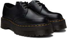 Buffed leather derbys in black. · Lace-up closure · Signature yellow stitching at heat-sealed Goodyear welt · Signature treaded AirWair rubber platform sole · Platform: H2 in Supplier color: Black Dr Martens 1461 Quad, Platform Flats, Oxford White, Dr Martens Black, Lace Up Flats, Goodyear Welt, Black Friday Deals, Black Patent Leather, Black Flats