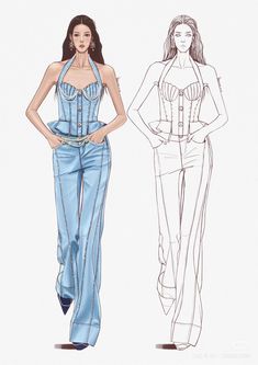 a drawing of two women in denim outfits