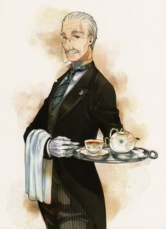 a drawing of a man in a suit holding a tray with tea cups on it