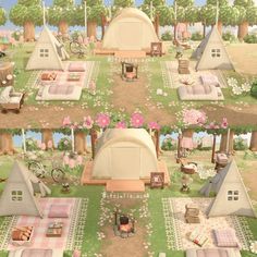 two pictures of tents in the middle of a field with picnics and picnic tables