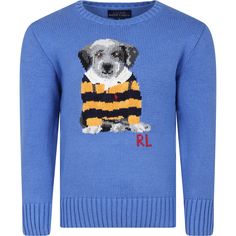 Color: Light blue Light blue cotton sweater, long sleeves, with ribbed crew neck, cuffs and hem. It is embellished with dog and embroidered logo on the front. 100% Cotton. Machine wash at 30°C. Blue Cotton Ralph Lauren Sweater, Ralph Lauren Blue Cotton Sweater, Blue Long Sleeve Ralph Lauren Sweater, Ralph Lauren Cotton Sweater With Ribbed Cuffs, Ralph Lauren Cotton Long Sleeve Sweater, Ralph Lauren Blue Winter Sweater, Blue Ralph Lauren Winter Sweater, Boy With Dog, Designer Ralph Lauren