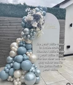 a white and blue wedding cake with balloons on it's top, in front of a sign that says the pearl white color is double stuff