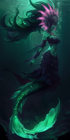 a mermaid in the water with her long hair blowing back and holding a fish tail