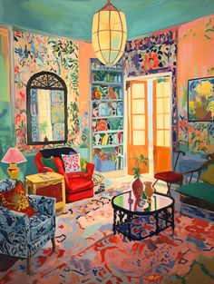 a painting of a living room filled with furniture