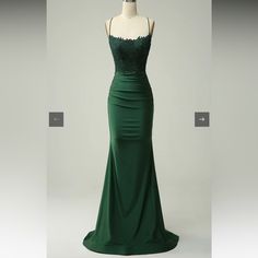 Solid Green Dress, Green Spaghetti Straps Formal Slip Dress, Green Formal Slip Dress With Spaghetti Straps, Formal Green Slip Dress With Spaghetti Straps, Green Spaghetti Strap Slip Dress For Formal Occasions, Green Spaghetti Strap Evening Dress For Prom, Green Spaghetti Strap Dress For Prom, Green Fitted Slip Dress With Spaghetti Straps, Fitted Mermaid Dress With Spaghetti Straps