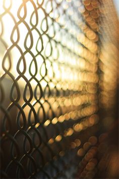 a close up view of a chain link fence with the sun shining in the background