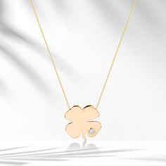 🍀8k/14k/18k Solid Gold Clover Diamond Necklace,Dainty Four Leaf Clover Necklace,Gift For Her,Christmas Gift,Good Luck Charm,Symbolic Flower 🍀 💚 The only thing that overcomes luck is hard work. 💚 💎Diamond with Certificate💎 Details of the Product. Weight: Approximately 2,13 g Stone: Diamond Carat: 0,03 ct Piece: 1 Color: E Clarity: SI Cut: Round  Cute minimalist Necklace. - All of our products are handmade produced of 8K, 14K, 18K real gold. The certificates of the diamonds we use in our products will be delivered by the cargo together with your orders. - Make sure you choose the right size and color before completing your order. If there is a preference you want to change, please contact us via message before your order is shipped. - All of our products are delivered to cargo within 1 Elegant 14k Gold Necklaces For Good Luck, Elegant 14k Gold Necklace For Good Luck, Yellow Gold Flower Charm Necklace For Gift, Yellow Gold Flower Shaped Charm Necklace For Gift, Yellow Gold Necklace With Flower Charm For Valentine's Day, Clover Pendant Necklace, Clover Jewelry Four Leaf, Four Leaf Clover Necklace Gold, Four Leaf Clover Necklace Silver