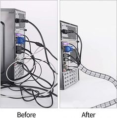 the before and after pictures of an electronic device with wires running from it to its enclosure