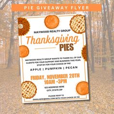 thanksgiving pies giveaway flyer for the maywood realty group, with an orange and white background