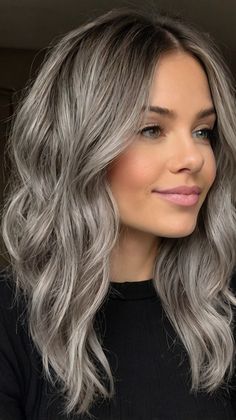 medium length gray hairstyles with bangs Gray Mid Length Hair Styles, Haïr Style With Curtain Bangs, Grey Hair Curtain Bangs, Mushroom Gray Hair Color, Hair With Silver Streaks, Silver Hair Highlights Going Gray, Grey Hair Fringe, Ash Silver Balayage, Gray Blending Hair Highlights Ash Blonde