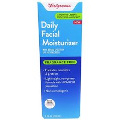 Compare to Cetaphil Daily Facial Moisturizer^^ Hydrates, nourishes & protects Lightweight, non-greasy formula with UVA/UVB protection Walgreens Daily Facial Moisturizer is proven to provide UVA/UVB protection while hydrating your skin. This non-irritating, non-comedogenic formula absorbs quickly for a lightweight, non-greasy feel that can be used daily under makeup to help retain skin's natural moisture. Paraben free*, oxybenzone free, and gentle enough for sensitive skin, this daily Cetaphil Daily Facial Moisturizer, Facial Moisturizers, Dermatologist Recommended, Moisturizing Lotions, Daily Moisturizer, Fragrance Free, Paraben Free, Facial Moisturizer, Facial Skin Care