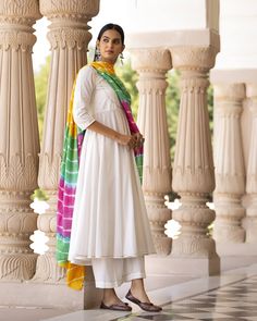 Dress Set Anarkali Style - Champa - www.riafashions.com White Suit With Multi Color Dupatta, White Anarkali Suits, Plain Kurti, Hanuman Video, White Anarkali, Heavy Dupatta, Cream Suit, Silver Embroidery, Pakistani Fashion Party Wear