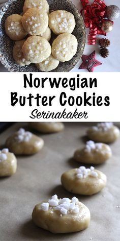 norwegian butter cookies on a baking sheet with christmas decorations in the background and text overlay