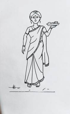 a drawing of a woman holding a plate in one hand and wearing a sari on the other