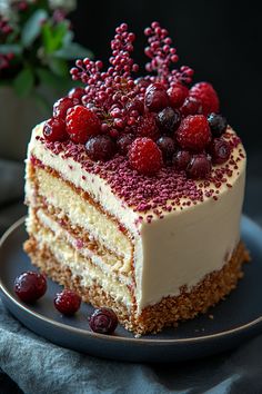 a piece of cake with white frosting and berries on top