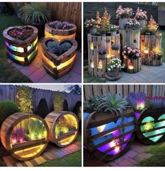 several different types of planters with lights in them