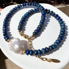 Lapis Lazuli Beaded Necklace With Baroque Pearl, Delicate Necklace, Blue and Gold, Handmade Gemstone Jewelry, Gift for Her - Etsy Spain Baroque Pearl Beaded Necklaces With Round Beads, Gift Pearl Necklace With Gemstone Beads, Hand-strung Pearl Necklace For Gift, Pearl Beaded Necklaces Hand-strung For Gift, Gift Pearl Necklace With Round Gemstone Beads, Handmade Baroque Pearl Beaded Necklace As Gift, Rondelle Pearl Necklace With Gemstone Beads As Gift, Handmade Beaded Baroque Pearl Necklace As A Gift, Handmade Baroque Pearl Necklaces With Round Beads