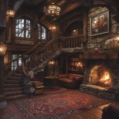 a living room filled with furniture and a fire place