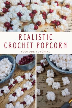 crochet popcorn with cherries on it and the words realistic crochet popcorn