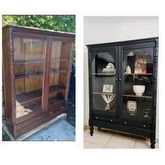 two pictures side by side, one with an old china cabinet and the other has new glass doors