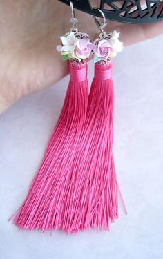 Extra long tassel boho earrings Floral earrings Pink bright Pink Bohemian Drop Tassel Earrings, Pink Bohemian Tassel Dangle Earrings, Pink Bohemian Tassel Drop Earrings, Handmade Pink Dangle Tassel Earrings, Pink Tassel Drop Earrings, Spring Dangle Tassel Earrings As Gift, Pink Tassel Earrings As Gift, Adjustable Pink Tassel Drop Earrings, Pink Tassel Jewelry As A Gift