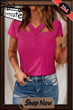 Rose Rhinestone Criss Cross Short Sleeve T Shirt Spring Stretch Tops With Rhinestones, Casual Pink Tops With Rhinestones, Spring Pink Rhinestone Tops, Spring Short Sleeve Rhinestone T-shirt, Spring Short Sleeve T-shirt With Rhinestones, Trendy Short Sleeve Top With Rhinestones, Summer Pink Tops With Rhinestones, Casual Rhinestone Tops For Spring, Summer Rhinestone Short Sleeve Tops