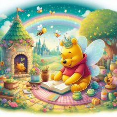 winnie the pooh reading a book in front of a fairy castle with bees flying around