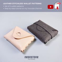 two wallets sitting next to each other on top of a blue surface with text that reads leather stitches wallet patterns set of 2 wallet patterns step by step by step