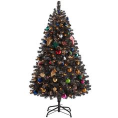 a black christmas tree with ornaments on it's base and an ornament hanging from the top