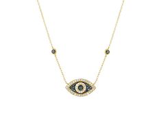 0.35ctw round white and blue diamond, 10k yellow gold evil eye necklace. Measure approximately 18"L x 10/16"W and has a spring ring clasp closure. Black rhodium enhanced prongs around blue diamonds. Yellow Gold Diamond Jewelry With Evil Eye, Diamond Evil Eye Jewelry In Yellow Gold, Yellow Gold Diamond Evil Eye Jewelry, Evil Eye Jewellery, Gold Evil Eye Necklace, Evil Eye Necklace Gold, Blue Diamonds, 2024 Christmas, Evil Eye Pendant