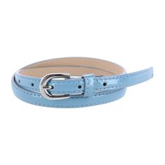 This skinny dress belt measures only half an inch wide and can be worn on your hips or your waist. Panted faux leather for a dressy look, the round buckle has a silver finish. Made of Faux Leather Womens Black Belt, Thrift Inspo, Double Buckle Belt, Tooled Leather Belts, Blue Outfits, Braided Leather Belt, Blue Belt, Casual Belt, Studded Belt