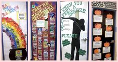 three door displays with different themes and words on them, each featuring a man holding a rainbow