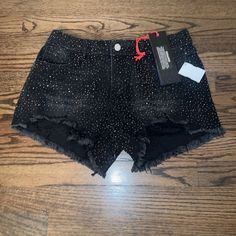 Rhinestone Denim Shorts Black Grey Denim Includeds Tags Excellent Condition Glitter Jean Shorts, Black Rhinestone Short Bottoms, Black Rhinestone Embellished Short Bottoms, Black Rhinestone-embellished Short Bottoms, Casual Rhinestone Party Jeans, Chic Black Bottoms With Rhinestones, Fitted Black Bottoms With Rhinestone Fringe, Casual Stretch Bottoms With Rhinestones, Black Denim Jeans For Party