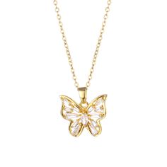 Add an elegant touch to your collection with this necklace that features a butterfly pendant adorned by Shimmering crystals. Chain : 15.72" L with 1.96" extender Pendant : 0.71" W x 0.63" H Lobster claw clasp 18k gold-plated copper / crystal Crystal Jewelry With Butterfly Charm, Crystal Butterfly Charm Jewelry, Crystal Butterfly Charm Necklace, Gold Crystal Butterfly Jewelry, Gold Butterfly-shaped Crystal Jewelry, Gold Cubic Zirconia Butterfly Necklace With Clavicle Chain, Gold Cubic Zirconia Butterfly Pendant Necklace, Gold Butterfly Pendant Necklace In Cubic Zirconia, Gold Cubic Zirconia Butterfly Necklace