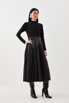 Pu Knit Pleated Skirt Midi Dress | Karen Millen Black Pleated Skirt Outfit, Outfit Navidad, Pleated Skirt Midi, Ring Belt, Black Pleated Skirt, Full Skirt Dress, Black Outfits, Skirt Midi, Red Midi Dress