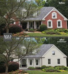 before and after pictures of a house in the front yard, with landscaping around it