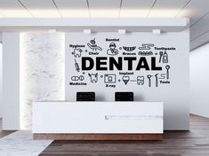 the dental office wall decal is shown in black and white, along with other medical related items