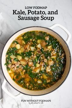 low fodmap kale potato and sausage soup in a white pot with text overlay