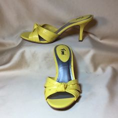 Beautiful Boss Lady Yellow Slides W/ “3” Inch Heels In Bow Knot Design So Cute Gos W/ Everything Summer In Perfect Condition. Casual Open Toe Fitted Heels, Casual Fitted Open Toe Heels, Casual Fitted Sandals With 4-inch Heel, Casual Summer Fitted Heels, Fitted Yellow Synthetic Sandals, Yellow Slides, Fioni Shoes, Knot Design, Bow Knot