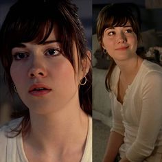 three different pictures of a woman with brown hair and bangs, one in white shirt