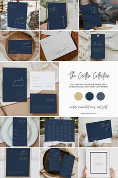 a collage of photos showing the different wedding stationery items and their names on them