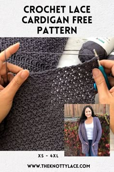 the crochet lace cardigan free pattern is shown with two hands and yarn