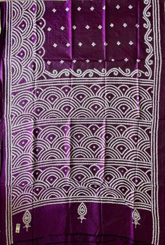 "Purple Hand Embroidered Gujrati Stitch Saree with Blouse piece | Pure Bangalore Silk Saree | Kantha Hand Work | Wedding Wear pure Silk Saree with silk mark Wedding wear saree, party wear saree, pure silk saree, hand embroidered saree, hand work saree. This is authentic hand embroidered Kantha Stitch Saree. The unique thread Kantha embroidery design is entirely handcrafted by our skilled artisans. The most significant aspect of hand embroidery is the running stitch pattern. The running blouse pi Luxury Purple Saree With Chikankari Embroidery, Purple Embroidered Traditional Wear, Semi-stitched Purple Blouse Piece With Traditional Patterns, Semi-stitched Silk Saree With Motifs, Semi-stitched Purple Blouse Piece With Motifs, Purple Blouse Piece With Resham Embroidery For Puja, Purple Resham Embroidery Blouse For Puja, Purple Unstitched Embroidered Silk Suit, Unstitched Purple Silk Suit With Embroidery